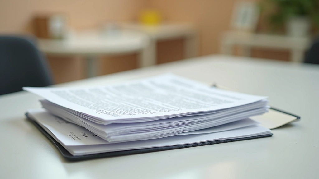 Pasta contendo documentos, passaporte e formulários organizados sobre mesa de trabalho