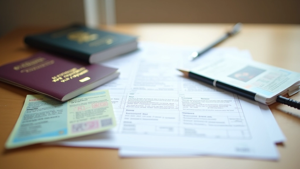 Documentos necessários organizados sobre uma mesa de escritório com passaporte, formulários e cartão de identidade, mostrando procedimento administrativo