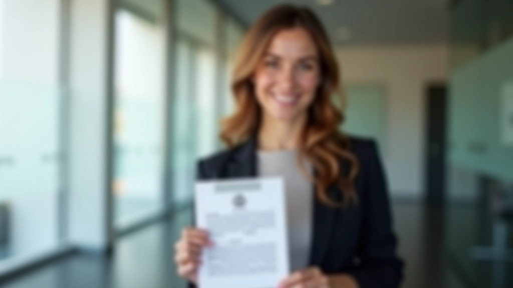 Mulher sorridente segurando seu cartão de autorização de residência em ambiente profissional